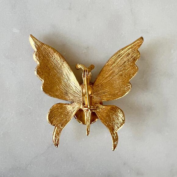Vintage Gold Tone Butterfly Brooch with Floral Porcelain & Green Rhinestone Eyes - Picture 7 of 8